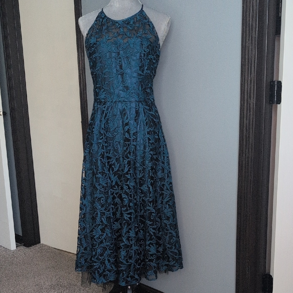 WHBM Black Mesh Teal Lace Midi Dress Special Occasion